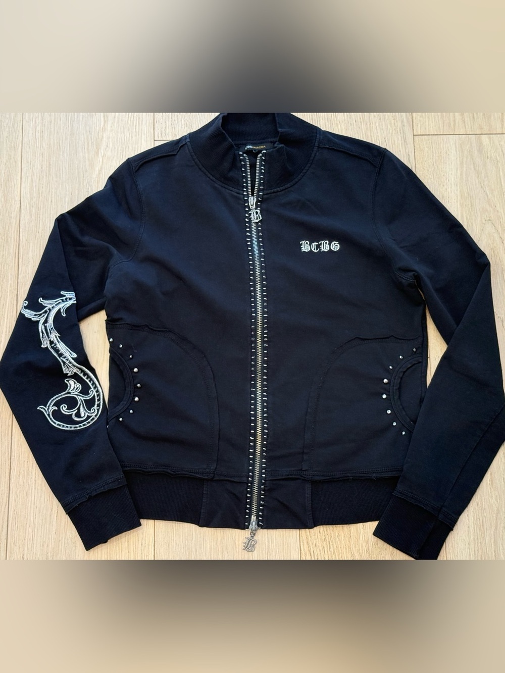 NWOT Rare BCBG Studded Snake Sleeve Zip Jacket Size L Streetwear Y2K Vintage
